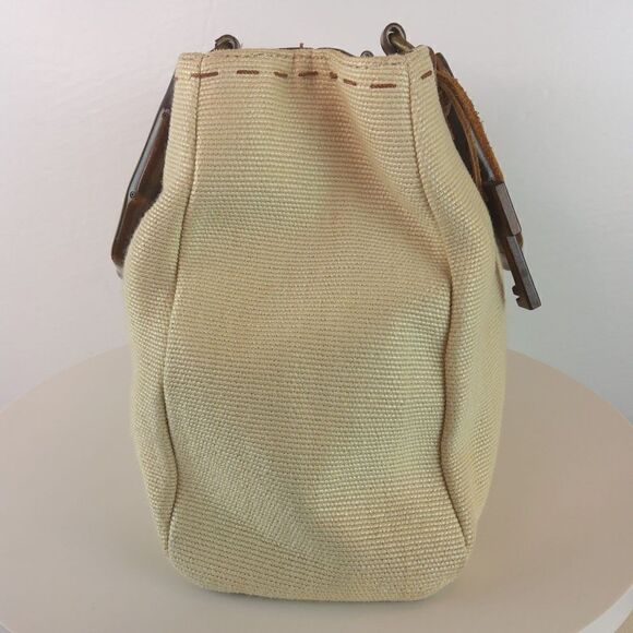 Fossil cream fabric handbag with leather trim, and faux wood handles - Picture 2 of 12